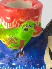 Vintage Mexican Folk Art Candle Holder Handmade Zebra Birds Clay Pottery