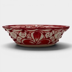 Vintage AIBA Mexico Red Hand Painted Pottery Bowl Scalloped Floral 5.25”