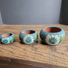 Mexico souvenir pottery hand painted blue set Of 3 tiny Collect Flower Pot Red C