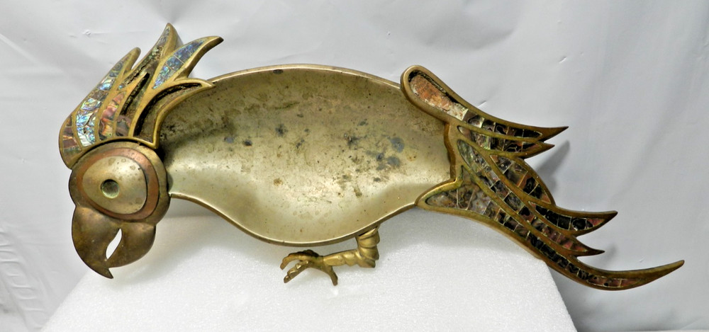 Vintage Mexican Hand-Wrought Brass Parrot Tray Dish Abalone Shell Inlay L82S