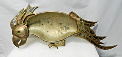 Vintage Mexican Hand-Wrought Brass Parrot Tray Dish Abalone Shell Inlay L82S