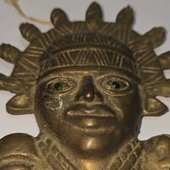 Peruvian Brass Sun God Figure Wall Hanging Wall Decor Hanging, Green Eyes