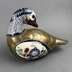 Tonala Mexico Pottery Duck Figurine Armored Brass Scales Hand Painted 5.25×6.75″