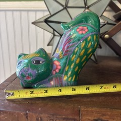 Mexico Talavera STYLE Pottery Green Playful Cat Figurine Hand Painted Folk Art
