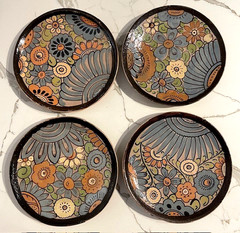4 Antique & Rare Talavera Mexican Pottery Plates Hand painted Floral 7″ Diameter