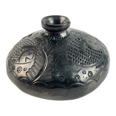 Vintage Oaxaca Barro Negro Pottery Vase, Hand Carved Black Clay Fish & Leaf Desi