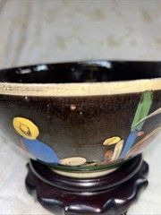 Early 1900’s Tlaquepaque Jalisco Mexico Hand Painted 8” Black Glaze Pottery Bowl