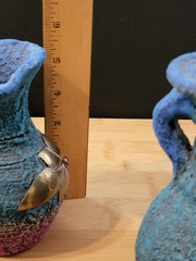Vtg Black Clay Sand Terracotta Pottery Vase Copper/Brass Flower Trio Of Pitchers