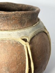 Vintage Tarahumara Clay Handmade Pottery Vase Animal Hide Sinew 7 1/2”