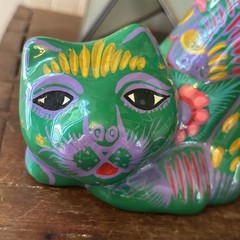Mexico Talavera STYLE Pottery Green Playful Cat Figurine Hand Painted Folk Art