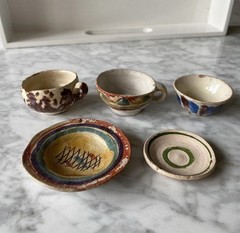 Lot collected handmade clay miniature dishes vase South tea set Central America