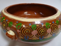 Mexican Tlaquepaque Bean Pot Red Clay Spiral Glazed 10″ Single Handle w Lid