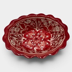Vintage AIBA Mexico Red Hand Painted Pottery Bowl Scalloped Floral 5.25”