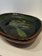 Mid Century Michoacan Patamban Pottery Charger Plate Green Brown Glaze 12.5″