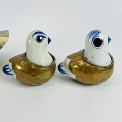 3 Vintage Tonala Mexican Folk Art Pottery Bird Figurines Brass Armored Ducks
