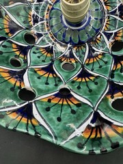 Hand Crafted Mexican Art Pottery Lamp Shade Blues Greens Talavera ? 9″ d x 4″
