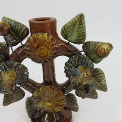 Tree Of Life Pottery Single Candleholder Candelabra Mexican Folk Art Flower Leaf