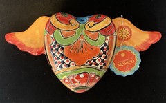 Mexican Talavera Pottery Heart With Wings Signed Wall Decor
