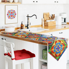 Mexican Talavera Ceramic Tile Pattern Linen Table Runners Dinner Table Setting
