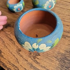Mexico souvenir pottery hand painted blue set Of 3 tiny Collect Flower Pot Red C