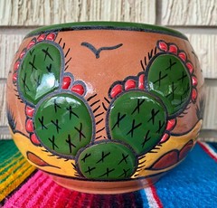 Lg Mexican Ceramic Flower Cactus Pot Planter Folk Art Pottery Handmade Talavera