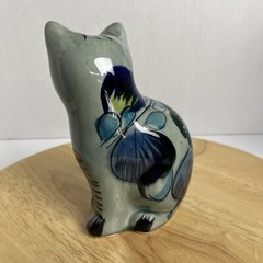 Vintage Tonala Cat Signed Hand Painted Floral Ceramic Mexico Folk Art Pottery