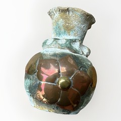 Vintage Mexican Folk Art Pottery Terracotta Flower Vase Copper Brass Floral ~6”