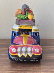 Vintage Mexican Folk Art Clay Sculpture Of Overloaded Car Marked “Pro Vallarta”