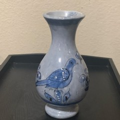 Tonala Handmade Mexican Pottery Vase Blue Bird Design Artisan Hand-Painted