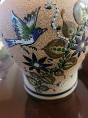 Tonala Stoneware Pottery Vase Bird Floral Design Mexico Hand Painted Signed