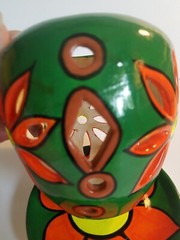 Vintage Mexican Art Pottery Candleholder Green Orange 2 Pieces Tealight Decor D