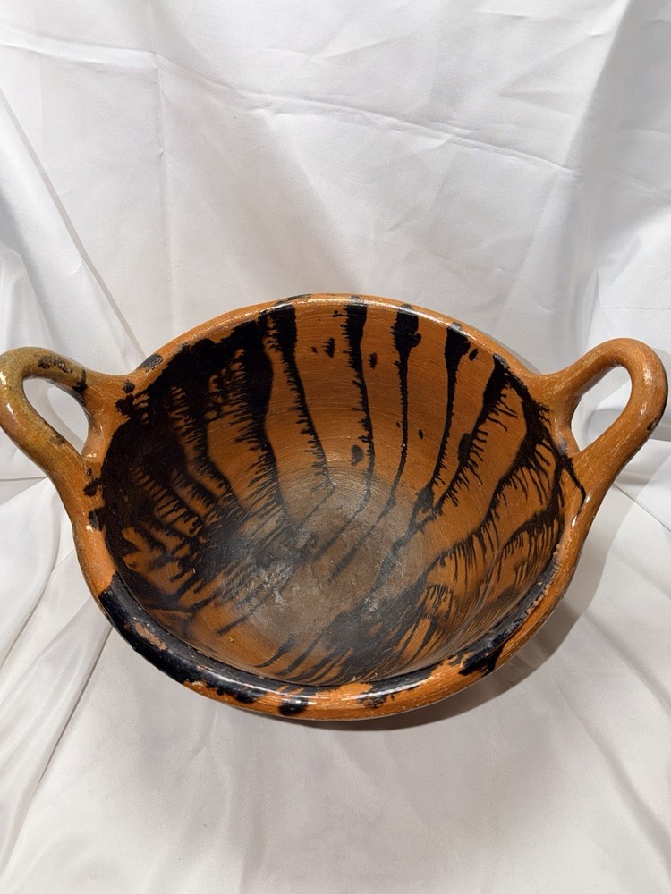 X-LARGE Atq/Vtg Puebla Ware Red Terracotta Pot Bowl With Handles Estate Find