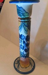 VTG Mexican Art Pottery Grape Peach Hand Painted Single Candlestick 8″ Tall