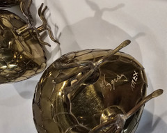Brass Mexican Pottery Owls Set of 3 Signed Artist Alexander Blazquez MCM