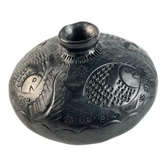 Vintage Oaxaca Barro Negro Pottery Vase, Hand Carved Black Clay Fish & Leaf Desi