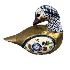 Tonala Mexico Pottery Duck Figurine Armored Brass Scales Hand Painted 5.25×6.75″