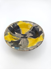 Two Vintage Oaxaca Mexico Majolica Drip Ware Trinket Dishes Yellow/Grey/Black