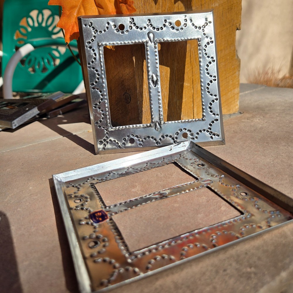 Mexican Punch Tin Double Rocker light switch plate cover Folk Art Silver