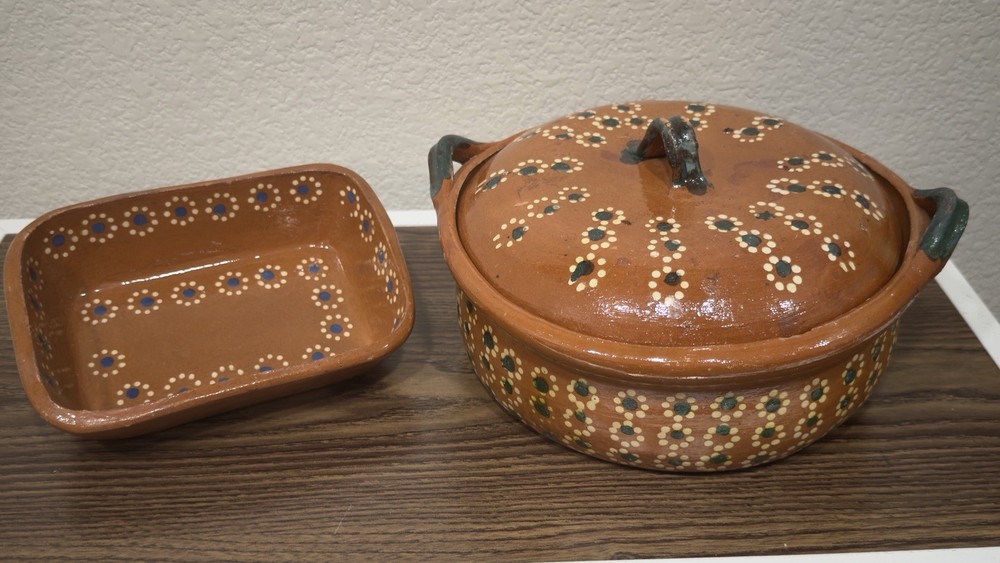 Traditional Mexican Cazuela de Barro Terracotta Clay Lidded Casserole Set