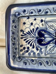 Handmade Mexican Talavera Rectangular Dish Blue & White Raised Relief Pottery