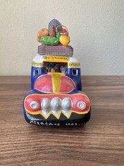 Vintage Mexican Folk Art Clay Sculpture Of Overloaded Car Marked “Pro Vallarta”