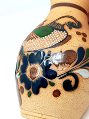 Tonala Mexico 8.25″ Vase sandstone Pottery hand painted enamel Quail & flowers
