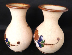 Vintage Pair Of Mexico Folk Art Pottery Tonala Floral Round Vases Signed C.O.