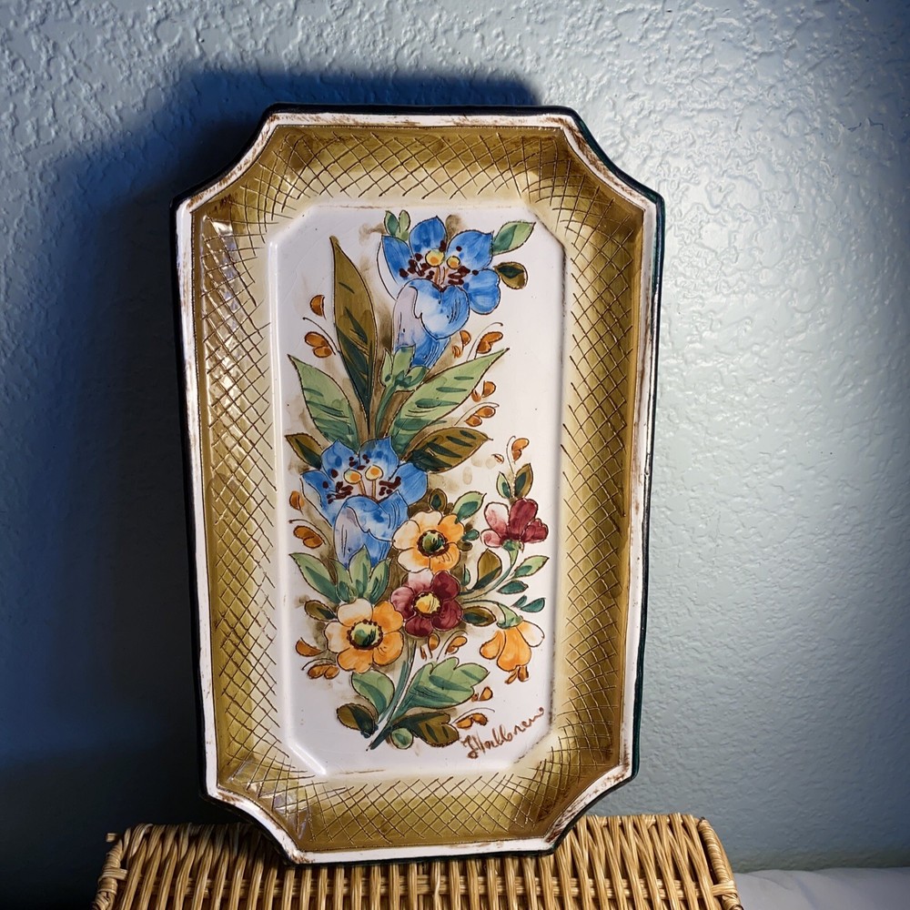 Vintage Mexican Art Pottery Serving Plate Wall Decor Floral Signed