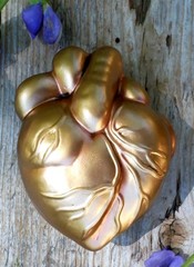 Anatomical Gold Heart Clay Ornament Handmade Mexican Folk Art Love Token Sm Sz