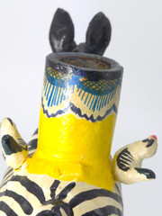 Vintage Mexican Folk Art Candle Holder Handmade Zebra Birds Clay Pottery Large