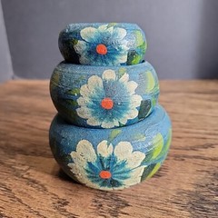 Mexico souvenir pottery hand painted blue set Of 3 tiny Collect Flower Pot Red C