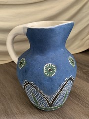 Handmade Mexican? Pottery Pitcher Vase Marked Unglazed Blue Green