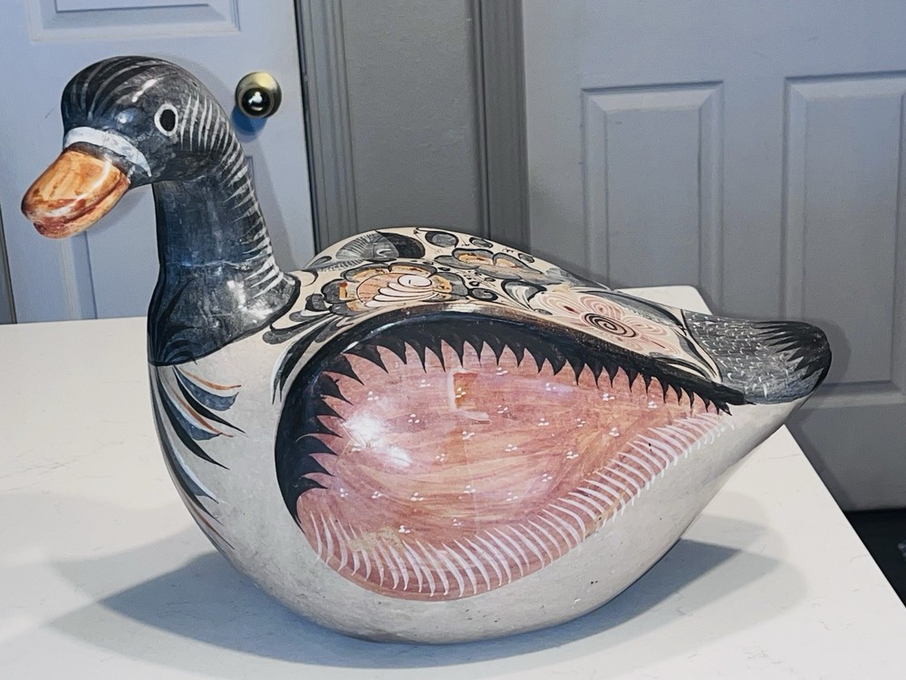 VTG Tonala Mexican ceramic duck hand painted folk art large 14″x13″ patio decor