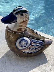 Vintage hand painted Mexican folk art tonala Copper & brass duck figure